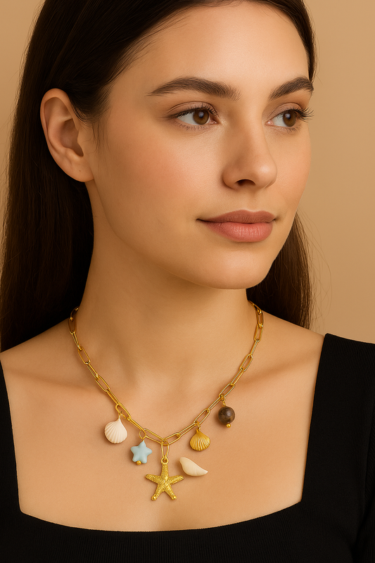 🌊 Ocean-Inspired Charm Necklace – Gold Plated | Beach Theme Jewelry for Women & Girls