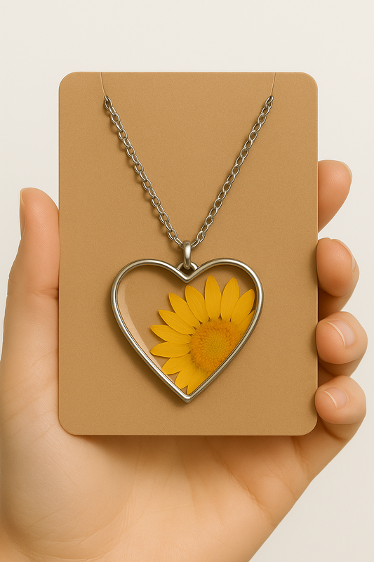 Sunflower in My Heart Necklace – Real Flower Resin Pendant with Anti-Tarnish Chain