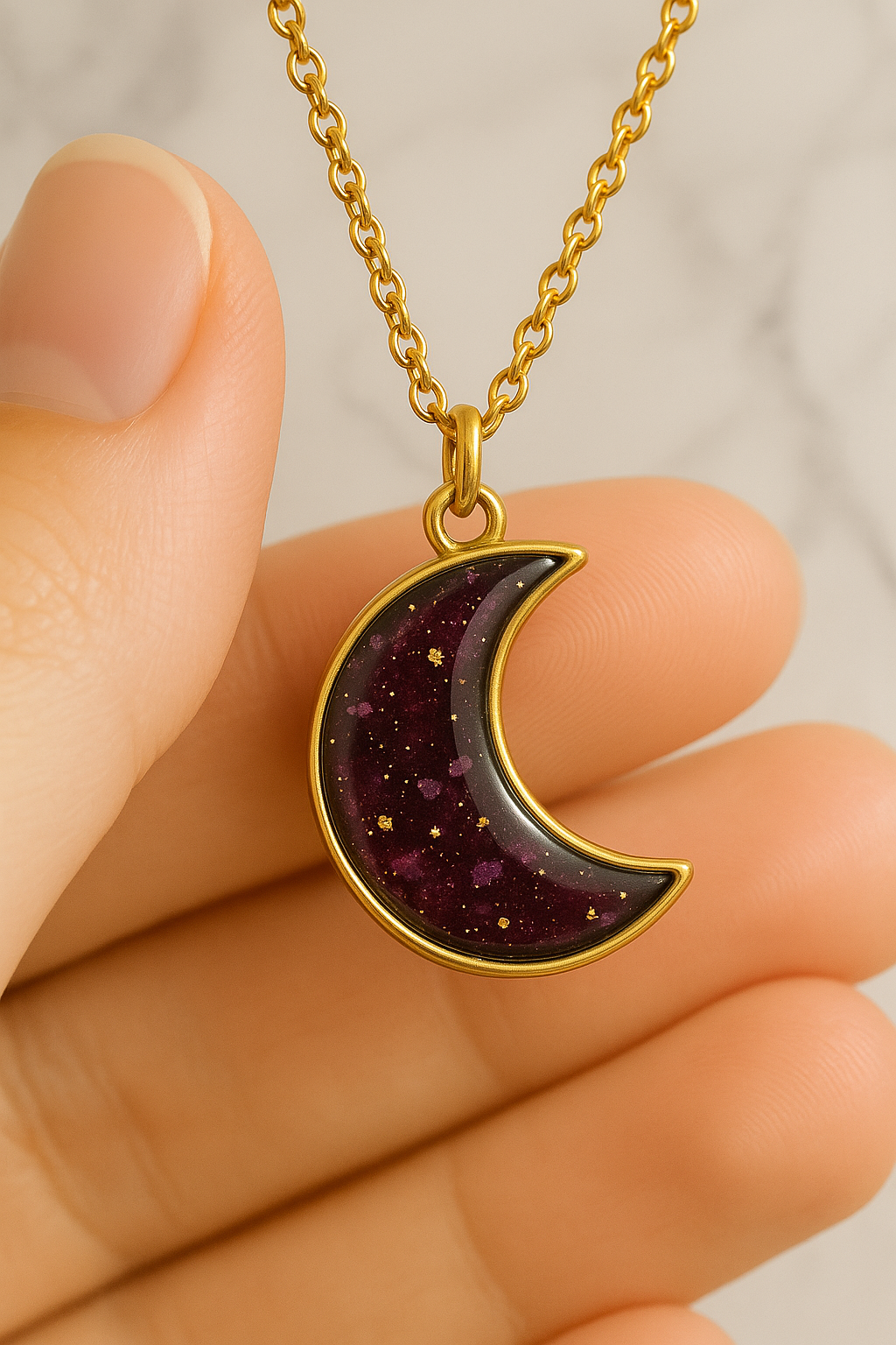 Celestial Crescent Resin Necklace โ Moon Pendant with Anti-Tarnish Chain