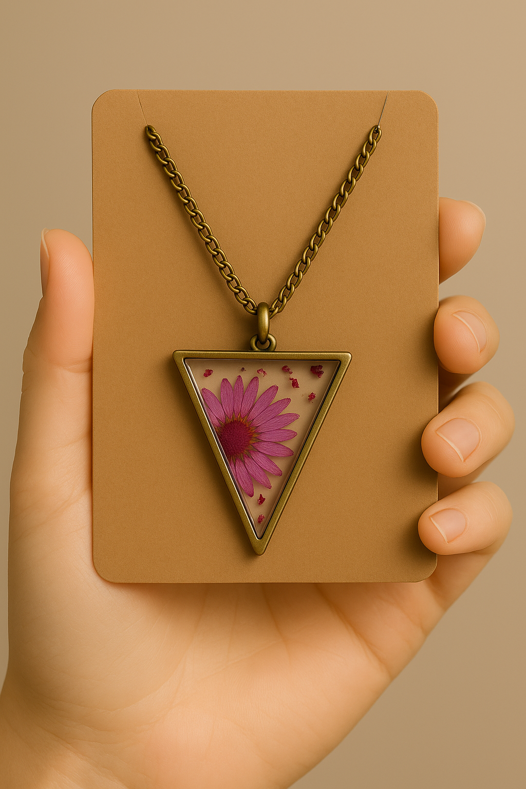 Wild Bloom Resin Necklace β Triangle Pendant with Real Flower & Anti-Tarnish Chain