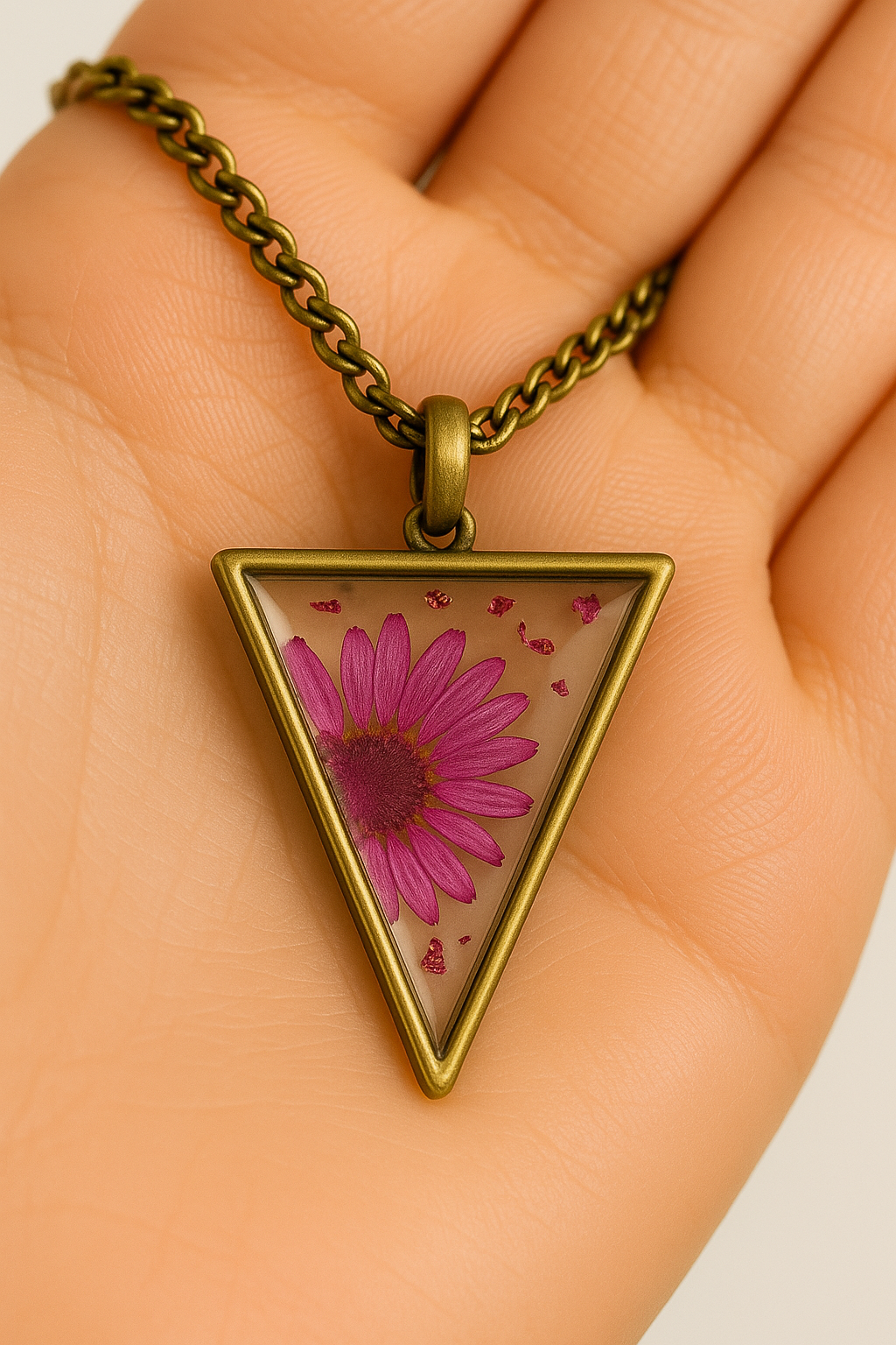 Wild Bloom Resin Necklace β Triangle Pendant with Real Flower & Anti-Tarnish Chain