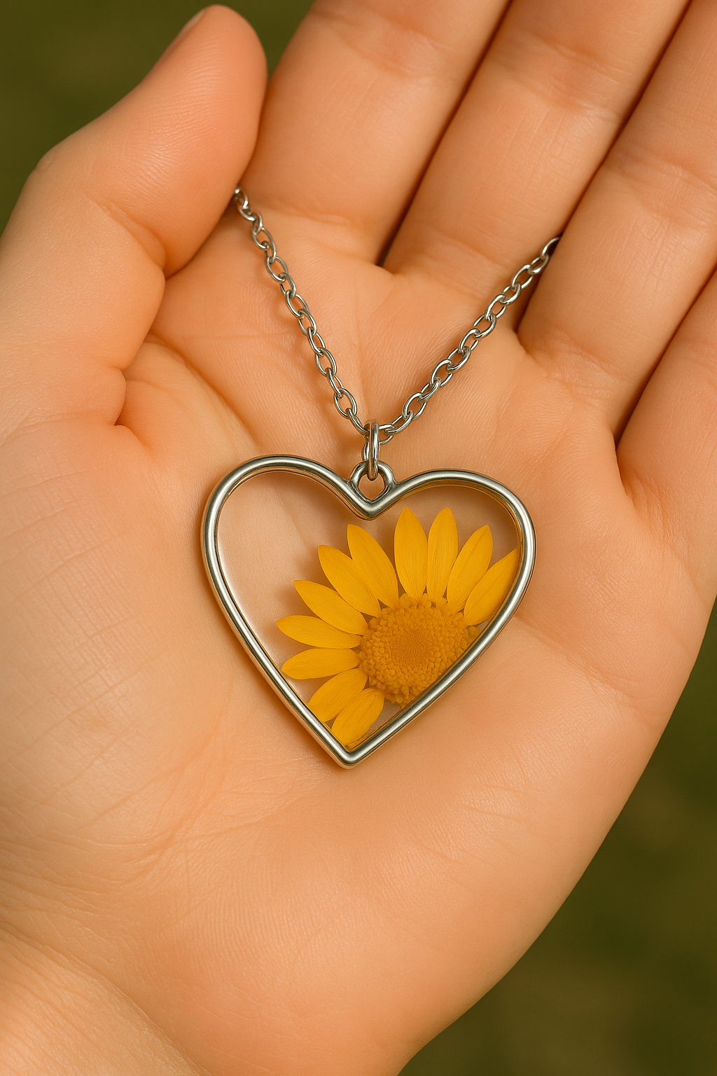 Sunflower in My Heart Necklace β Real Flower Resin Pendant with Anti-Tarnish Chain