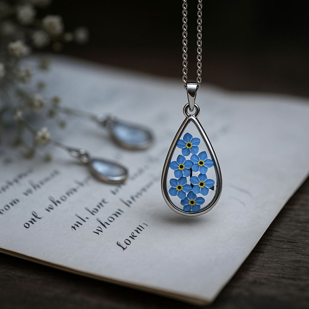Forget-Me-Not Resin Necklace โ Teardrop Pendant with Real Blue Flowers & Anti-Tarnish Silver Chain | Handmade Botanical Jewelry