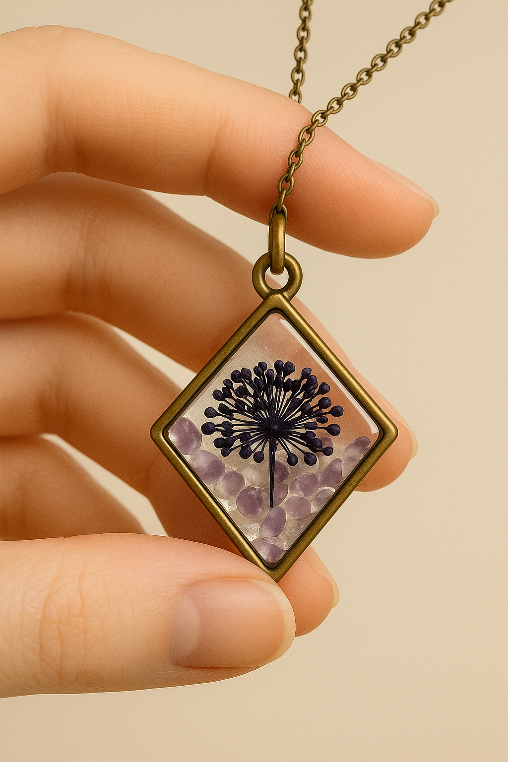 Midnight Bloom Resin Necklace – Real Flower Pendant with Anti-Tarnish Chain