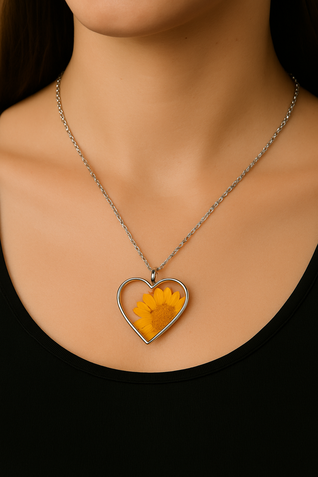 Sunflower in My Heart Necklace – Real Flower Resin Pendant with Anti-Tarnish Chain
