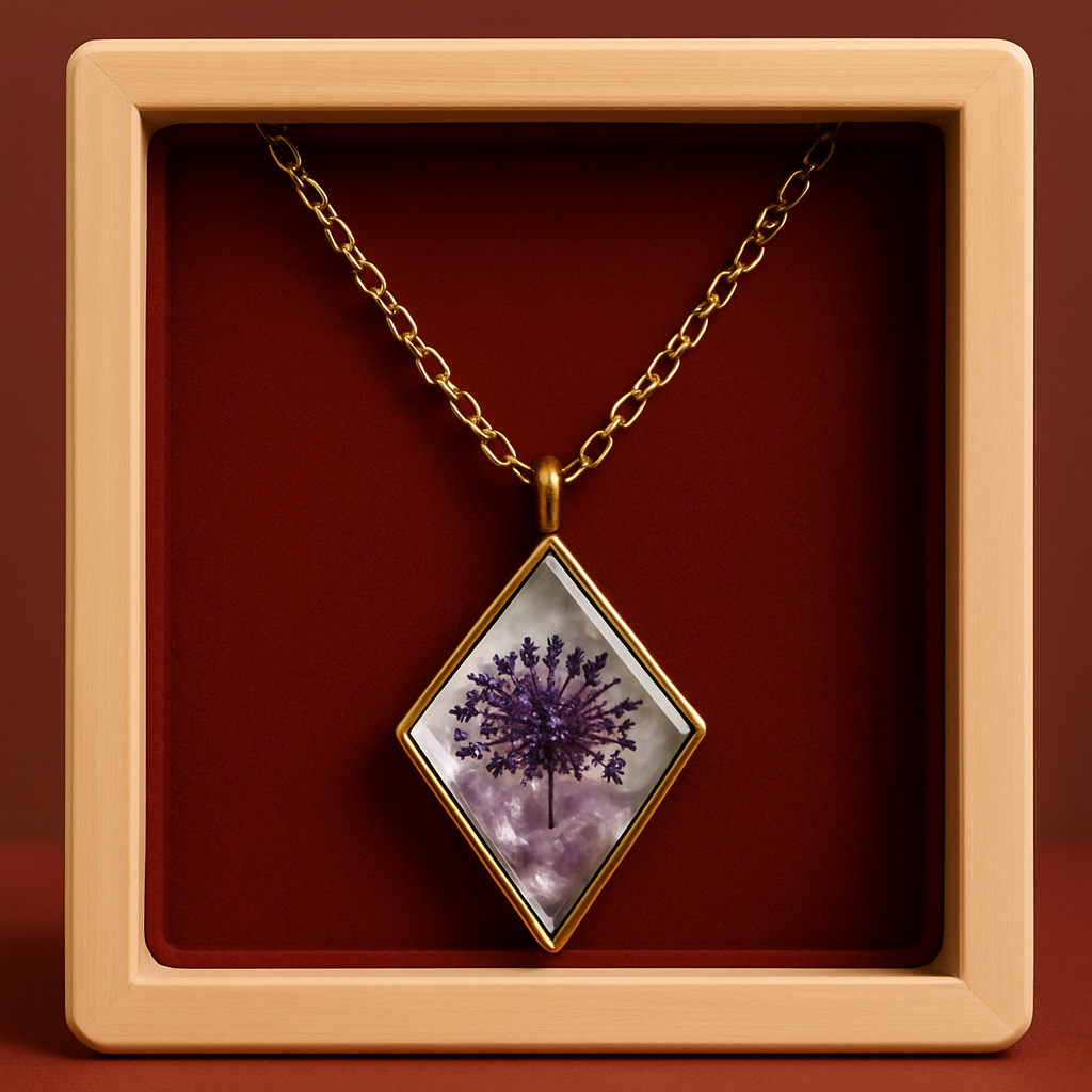 Midnight Bloom Resin Necklace – Real Flower Pendant with Anti-Tarnish Chain