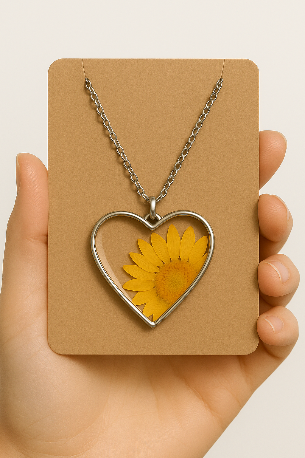 Sunflower in My Heart Necklace – Real Flower Resin Pendant with Anti-Tarnish Chain