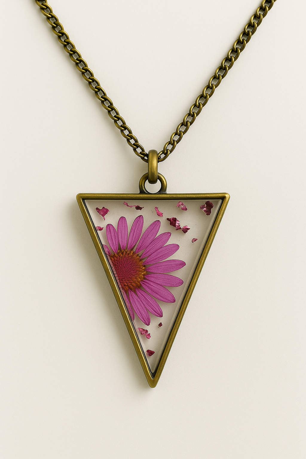 Wild Bloom Resin Necklace – Triangle Pendant with Real Flower & Anti-Tarnish Chain