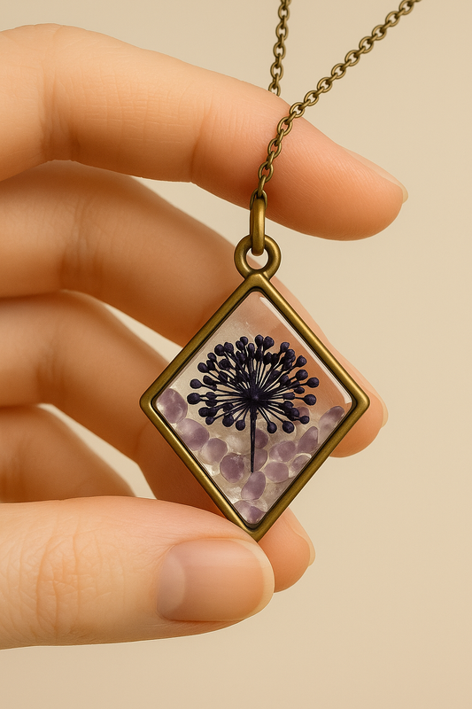 Midnight Bloom Resin Necklace – Real Flower Pendant with Anti-Tarnish Chain