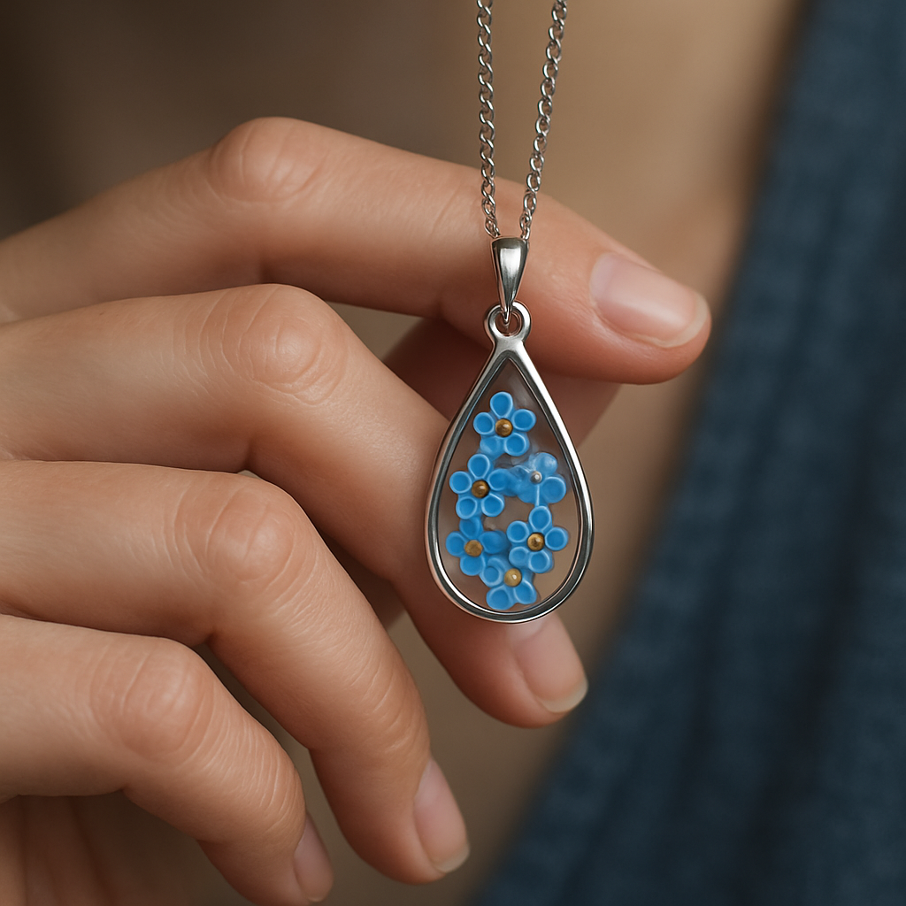 Forget-Me-Not Resin Necklace – Teardrop Pendant with Real Blue Flowers & Anti-Tarnish Silver Chain | Handmade Botanical Jewelry