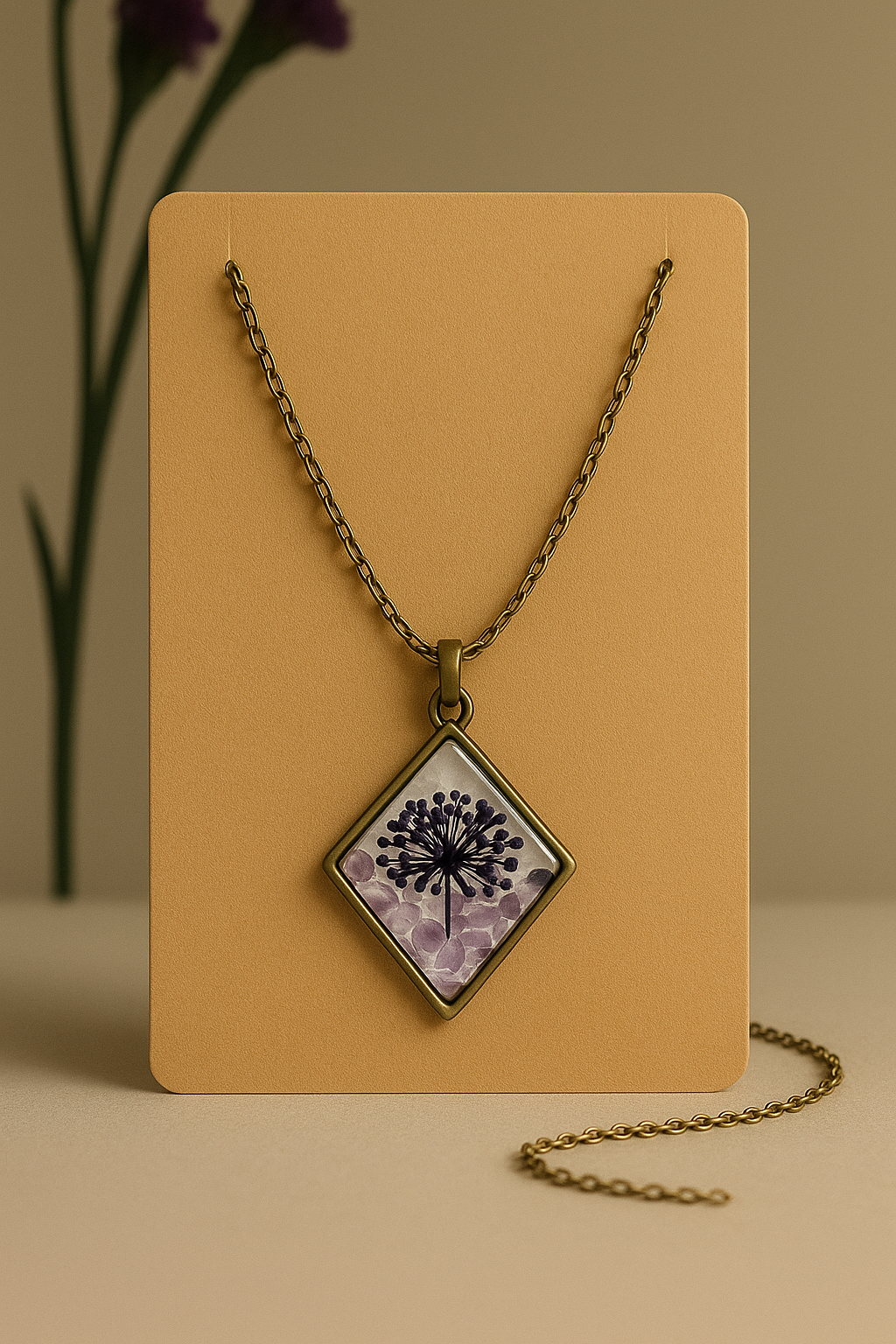 Midnight Bloom Resin Necklace – Real Flower Pendant with Anti-Tarnish Chain