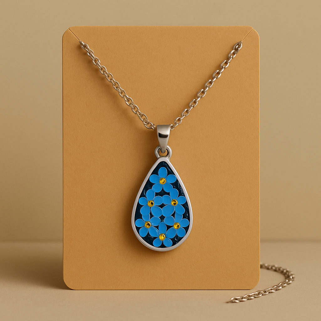 Forget-Me-Not Resin Necklace – Teardrop Pendant with Real Blue Flowers & Anti-Tarnish Silver Chain | Handmade Botanical Jewelry