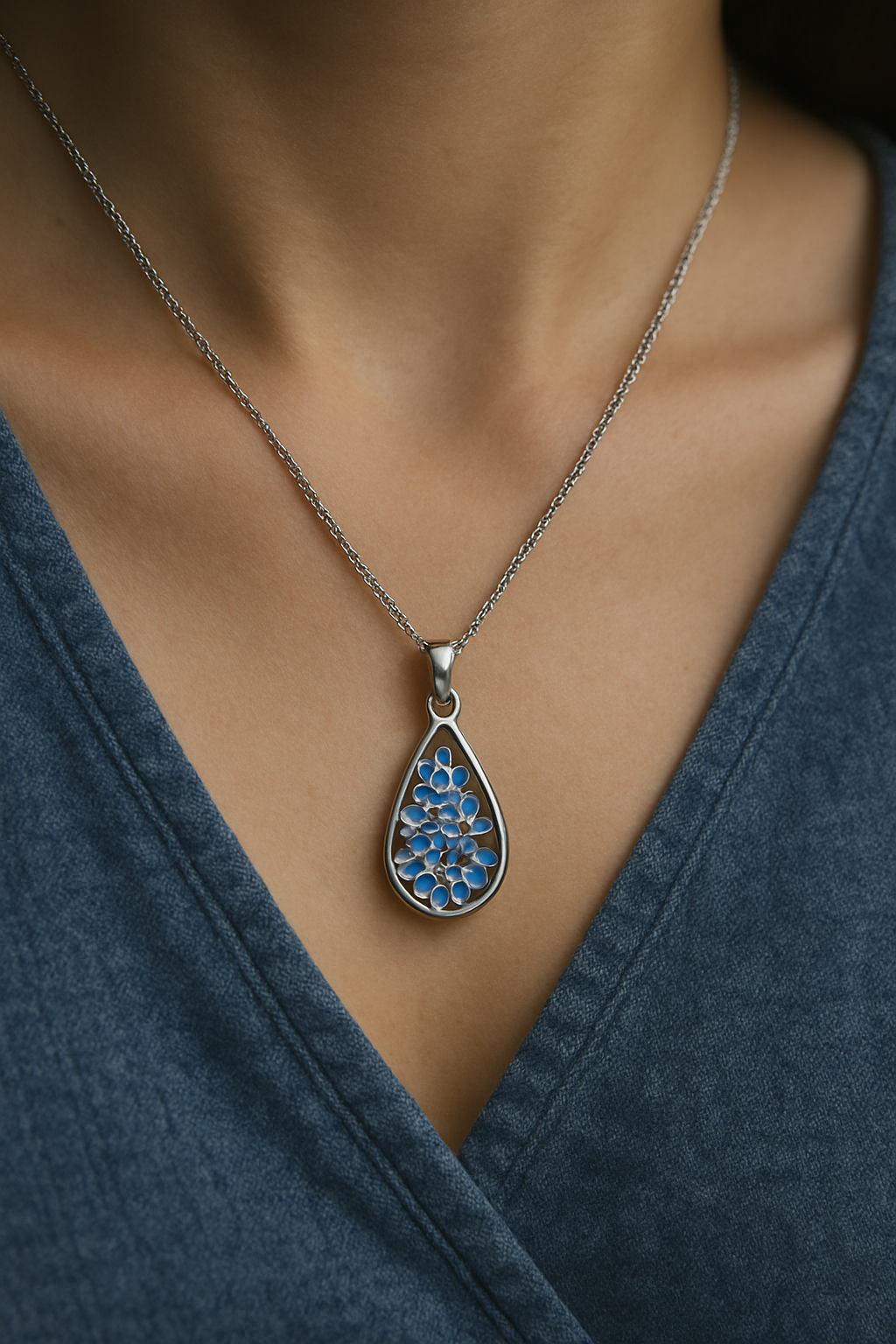 Forget-Me-Not Resin Necklace – Teardrop Pendant with Real Blue Flowers & Anti-Tarnish Silver Chain | Handmade Botanical Jewelry